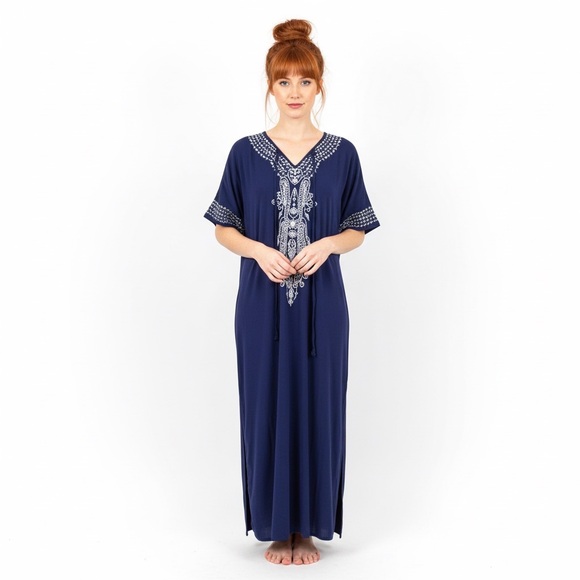 KAFTAN Women O/S Blue White Embroidered Viscose V Neck Beach Cover Up Resortwear - Picture 1 of 6